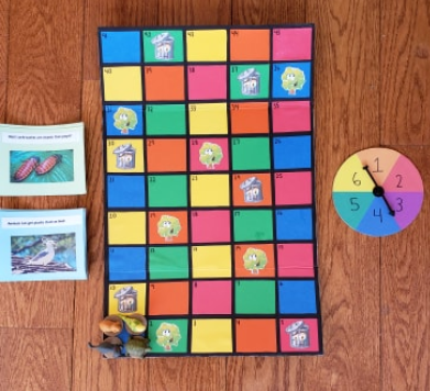 The board game and on the side are two stacks of cards. One pile corresponds with the pictures of trees, with fun facts debunking bad reputations of the animals and how they help the environment. The second pile of cards corresponds with the pictures of t