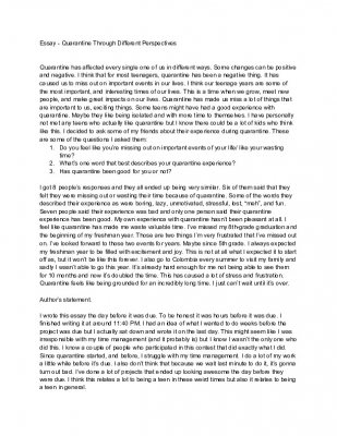 Essay - Quarantine Through Different Perspectives