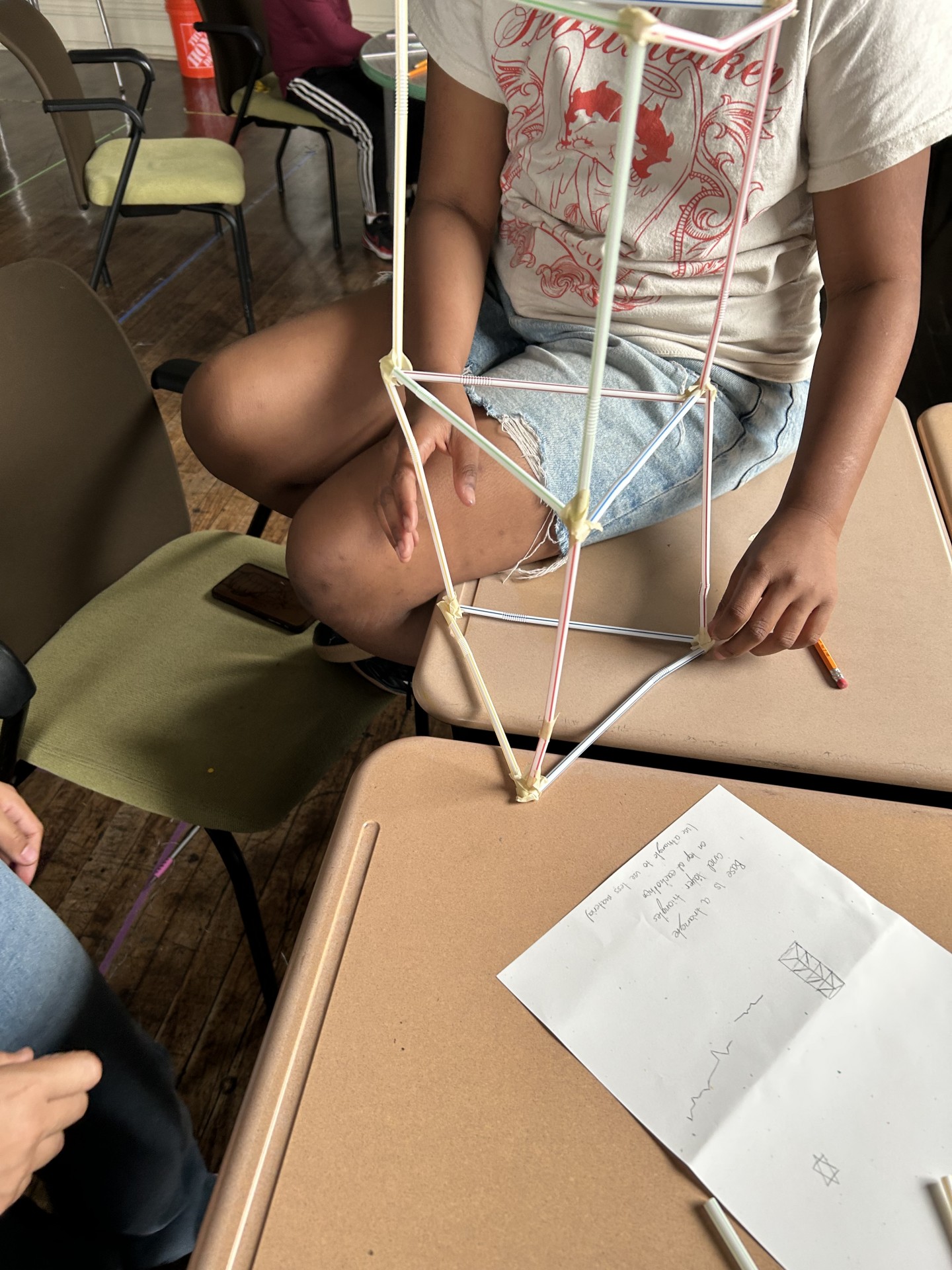 (Day 4) Students building towers out of straw and tape - they planned out a sketch beforehand!